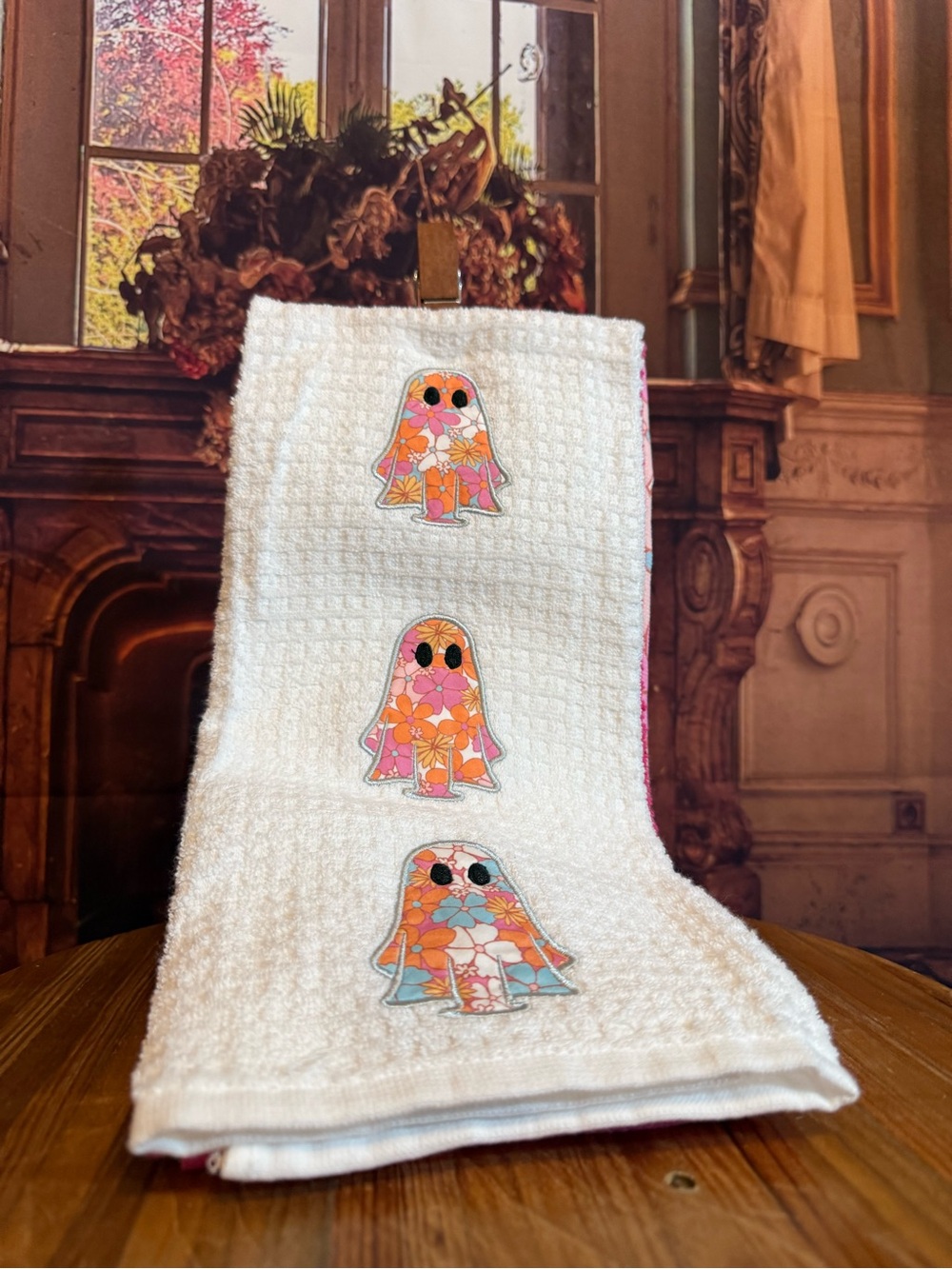 Summerween Halloween White Cotton Kitchen Towels W Pink Floral Ghost Appliqués